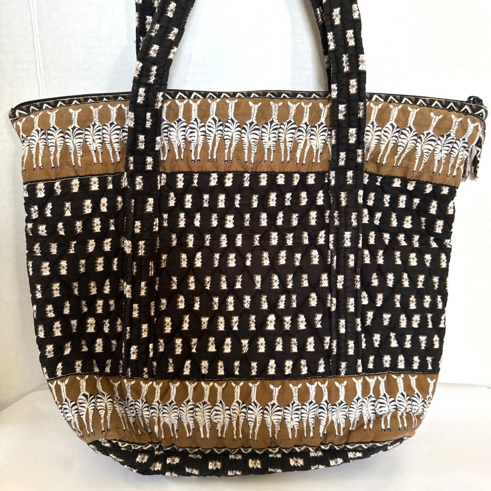 Vera Bradley Safari Sunset Quilted Cotton Zebra Print Tote Shoulder Bag Black - Picture 2 of 6